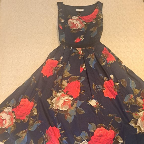 Frock Shop Dark Blue Red Floral Sleeveless Midi Dress Sz L fits more like Med - Picture 1 of 6